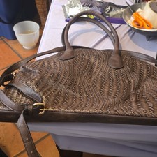 Brown Woven Shoulder Bag Double Handles Zip Closure Gold Hardware Inner Pockets