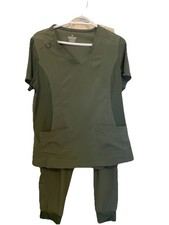 Beyond Scrubs Women s Olive Green Set Pants Top Joggers Medium Petite Medium