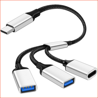 USB C Splitter Kabel 3-in-1 Power-Cable Extension Type C Port Extender Silber