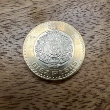 Diez Pesos 2024 Mexico Coin - Mexican 10 Peso Bimetallic Piedra Del Sol Tonatiuh