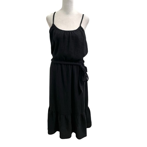 Evereve Gauze Tiered Belted Midi Dress Sundress Sleeveless Black size Medium - Picture 1 of 11