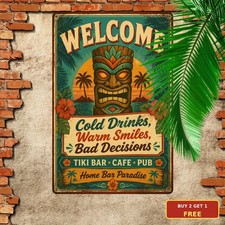 Welcome To Our Tiki Bar Cafe Metal Sign Retro Hawaiian Cocktail Lounge Plaque