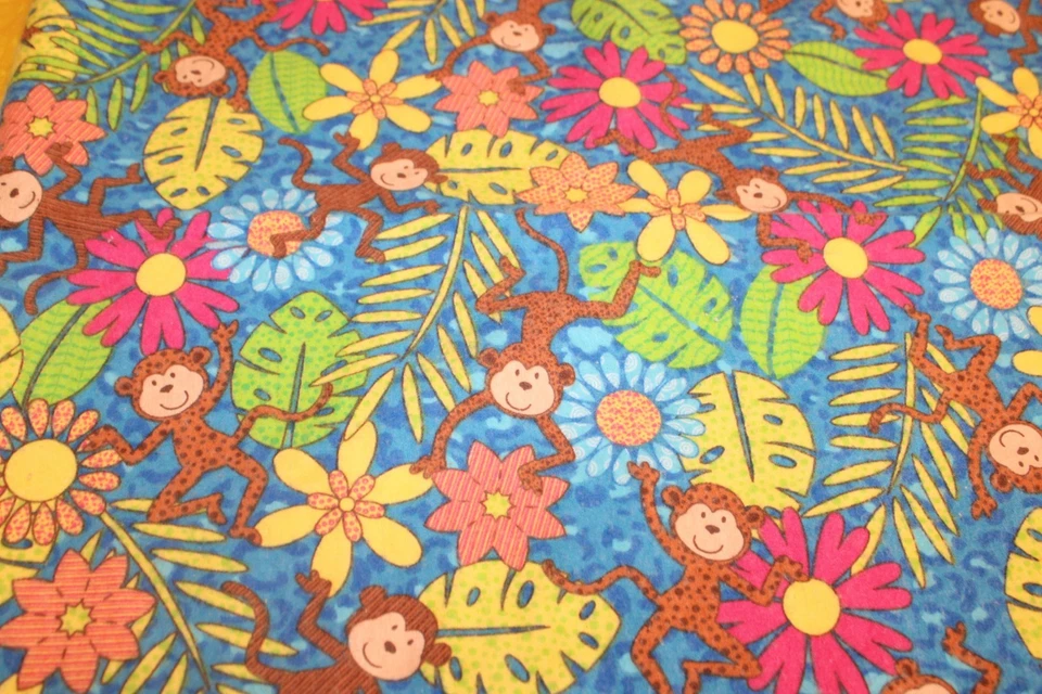 Cotton Flannel Fabric Colorful Monkeys and Flowers Measures 33x38 - Image 2 of 4