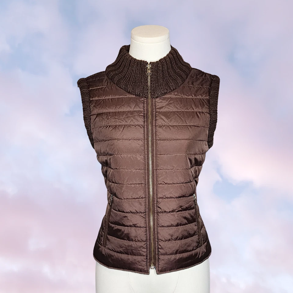 De Colección BBs Armario Y2k Marrón Blanco Tejido Mezcla de Lana Pájaro Nieve Invierno Chaleco Abombado Talla L Foto 2 de 4