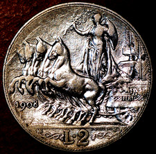 Italia 2 Lire 1908 Vittorio Emanuele III argento KM# 46