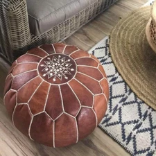 Moroccan Leather Pouffe Footstool Ottoman Boho Brown New Genuine 24'' Boho Style