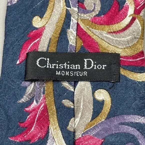 Gravata Christian Dior Monsieur masculina azul roxo rosa floral seda designer vintage - Imagem 3 de 4