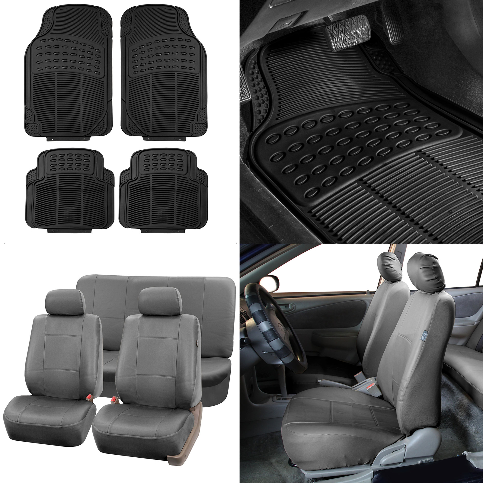 FH Group Universal Fit PU Leather Gray Car Seat Covers w/ Floor Mats