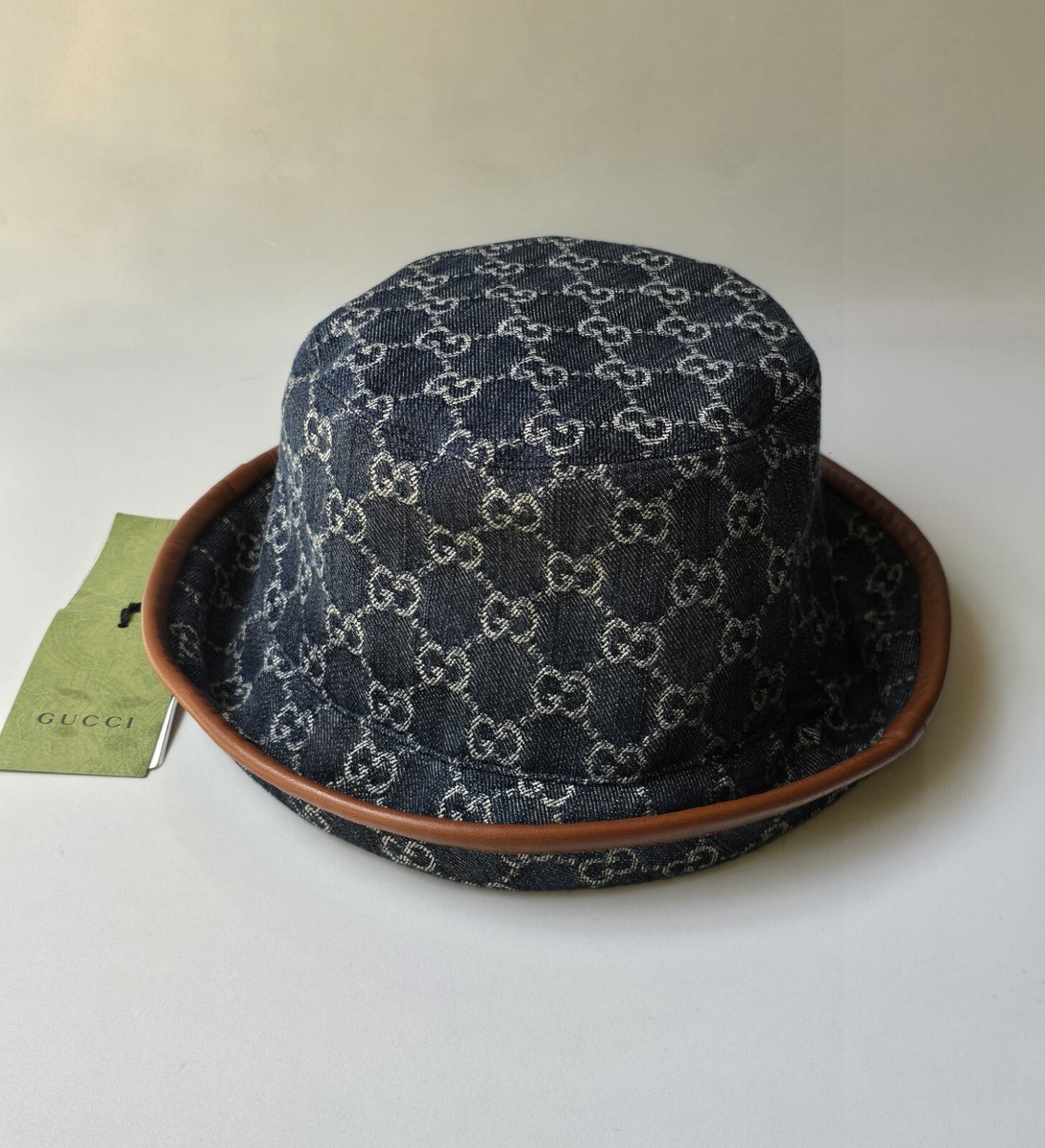 Gucci Bucket Hat Blue Denim Beige GG Monogram Logo Leather Gucci Bucket Hat Blue Denim Beige GG Monogram Logo Leather