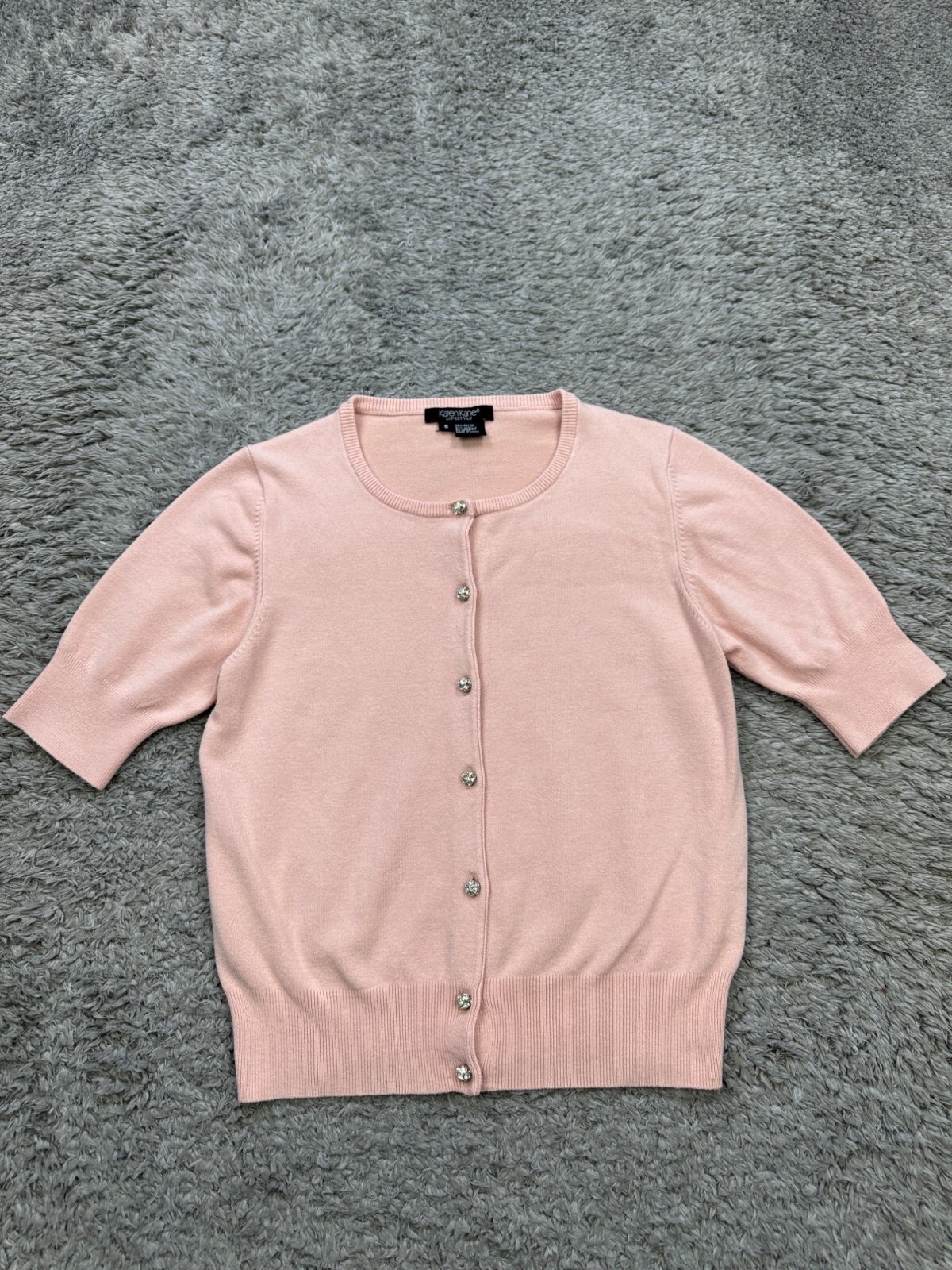 Karen Kane Sweater Women Small Pink Short Sleeve Ribbed Button Granny Cardigan