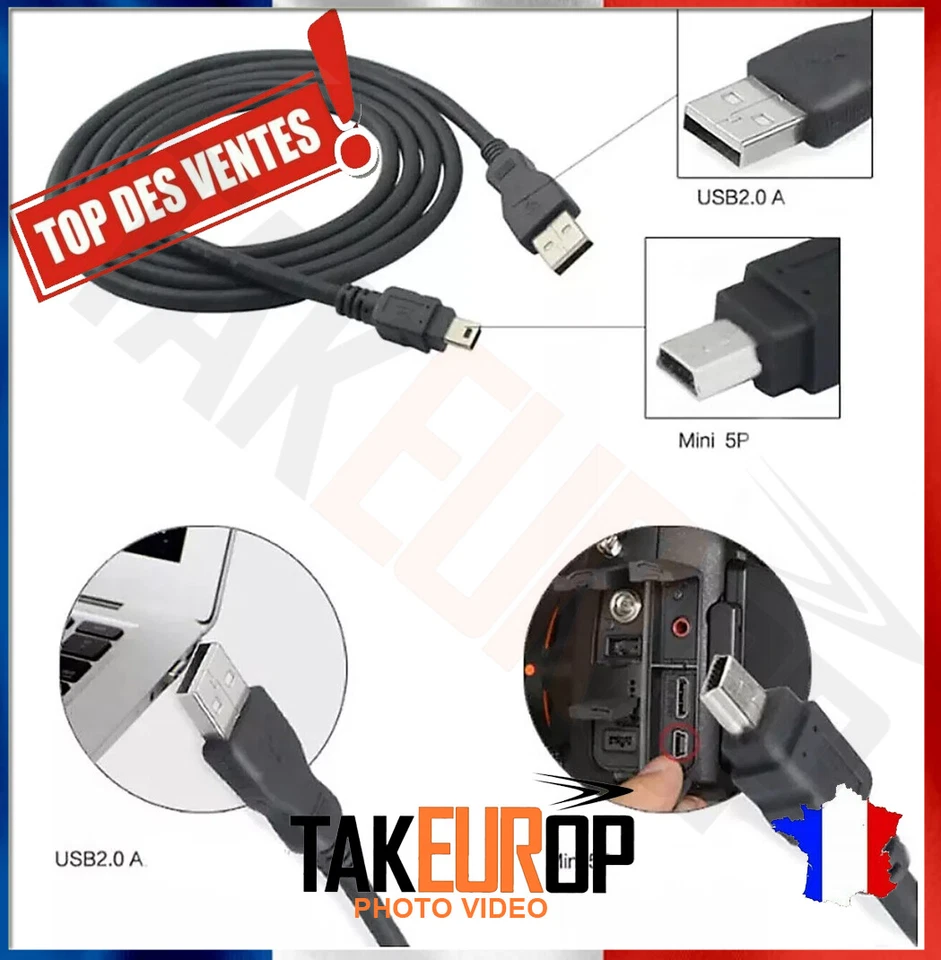 CABLE USB 2.0 type A male vers mini B Appareil photo MP3 mini usb donnees ou non - Photo 2/2