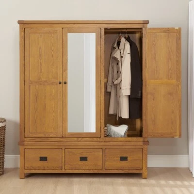 THE FURNITURE MARKET Rustic Oak Triple 3 Door Mirrored Wardrobe with 3 Drawer - RS14-MIRROR