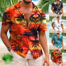 Hawaiian Shirt Mens Button Down Coconut Tree Print Beach Vacation Cruise Party
