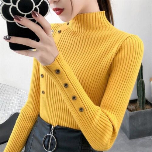 Knit Slim Sweater Solid Cotton Soft Pullover Shirt Long Sleeve Women Turtleneck - Picture 1 of 18