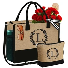 Valentines Day Gifts Initial Jute Tote Bag & Makeup Bag Birthday Gifts For Women