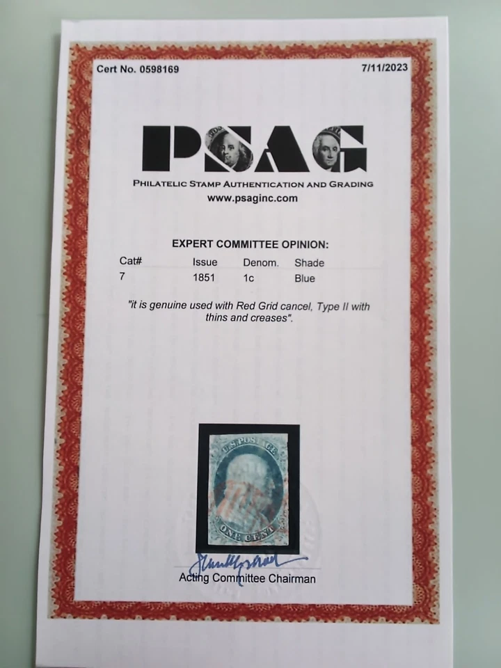 U.S. Historic Stamp of 1851, Franklin #7 PSAG Cert. Red Grid. Used CV- $220.00 - Image 2 of 2