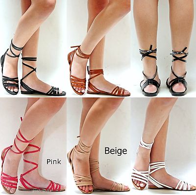 New Women BIN11 Black Pink Blue Strappy Gladiator Wrap Lace Up Flat Sandals 