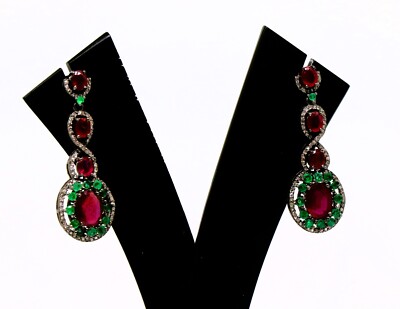 Emerald Ruby Rose Cut Diamonds Drop Dangle 925 Sterling Silver Earrings Jewelry