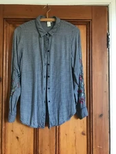 H&M.  BLACK CHECK SHIRT BIRDS & INSECT EMBROIDERY SLEEVES. SIZE 42/14