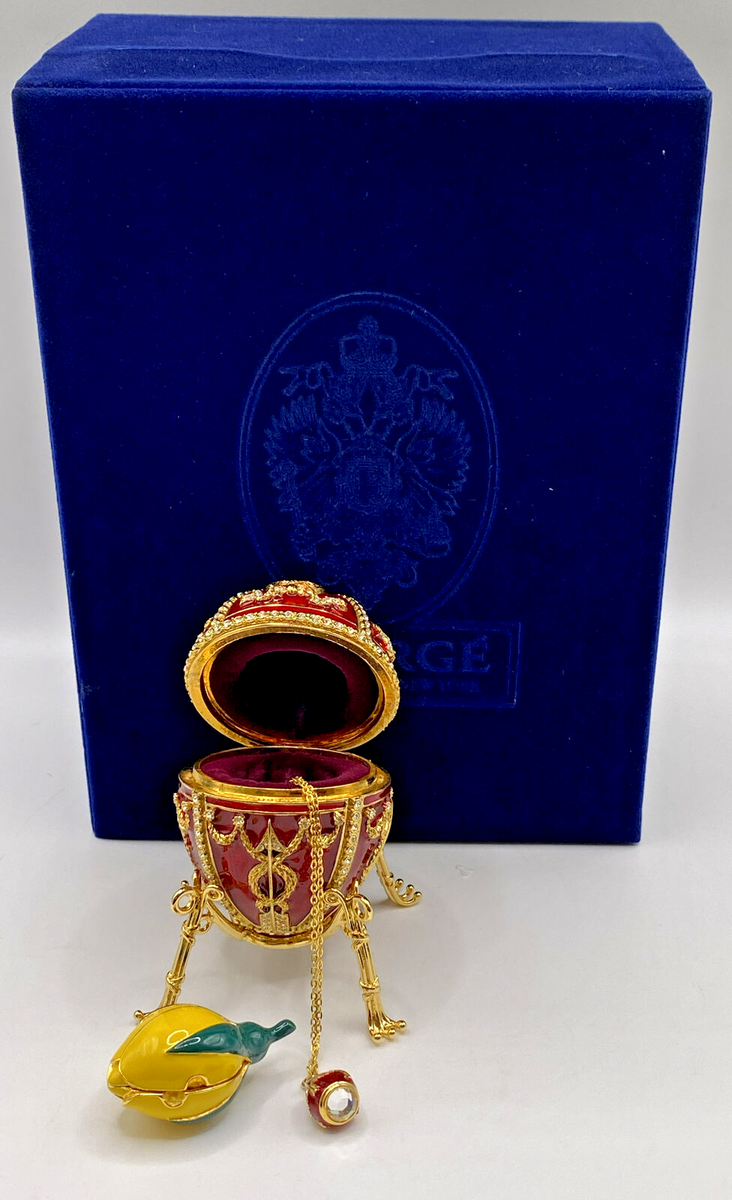 Authentic IMPERIAL FABERGE Egg ~ RED ROSEBUD ~ in Blue Velvet Box