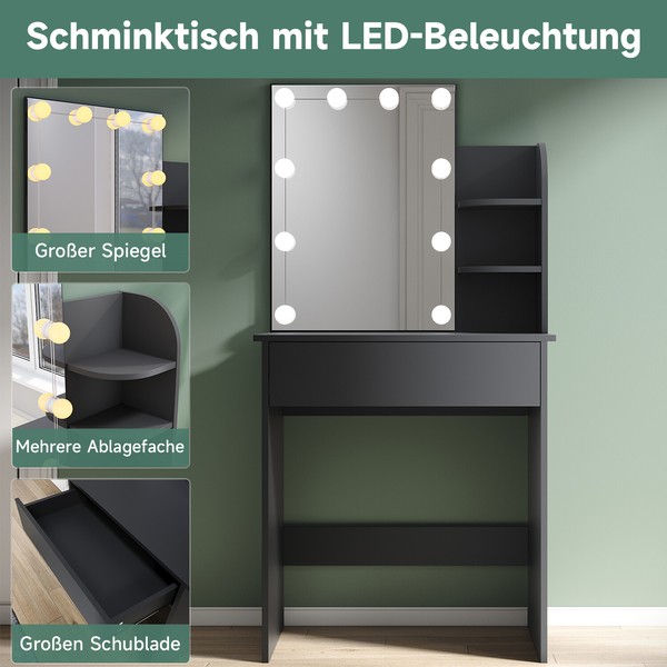 Frisiertisch Schminktisch Kosmetiktisch Kommode Spiegel Led Beleuchtung Schwarz-image