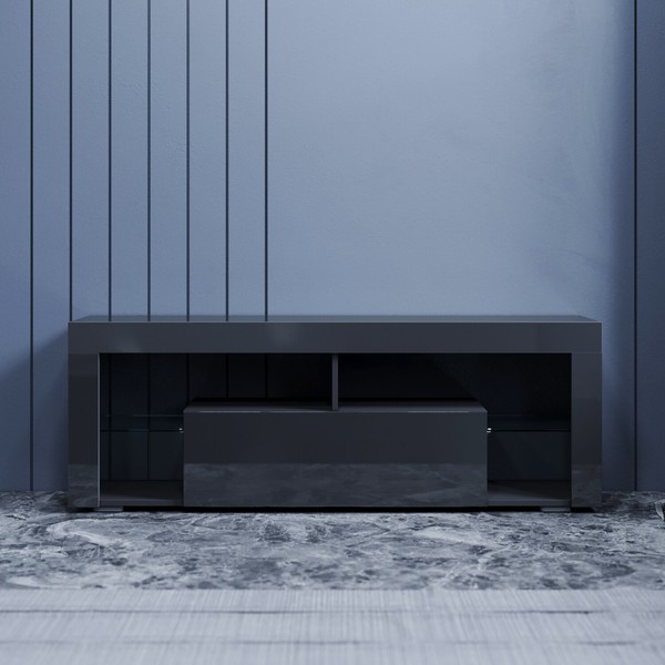 Tv Schrank Mit KlapptüR Glasregal Tv Lowboard Mit Beleuchtung Schwarz Hochglanz-image
