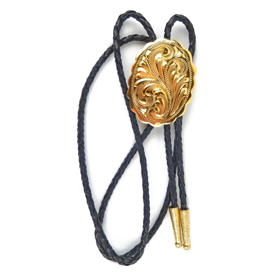 Corbata bolo ovalada floral grabada chapada en oro amarillo 36 pulgadas cordón negro hecha en EE. UU. Foto 2 de 4