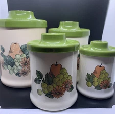 Vintage Atapco Canisters Metal Nesting Mid Century Kitchen Fruit Floral Kitschy