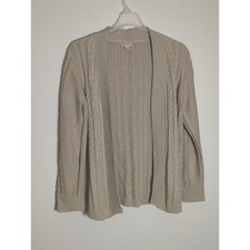 LL Bean Womens Oatmeal Beige Cable Knit Cotton fisherman cardigan L 501183