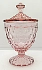 Jeannette Glass Pink Depression Glass Cubist Cube Footed Candy Jar with Lid