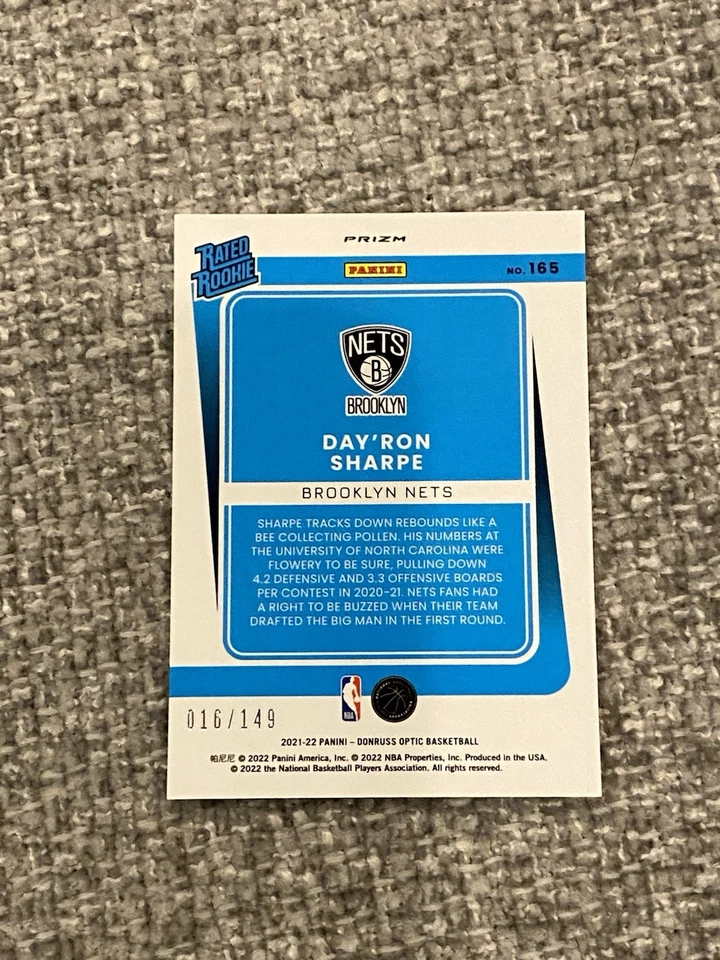 #’d /149 - 2021 Donruss Optic Rated Rookie Lime Green Day'Ron Sharpe Nets PWE - Image 3 of 3