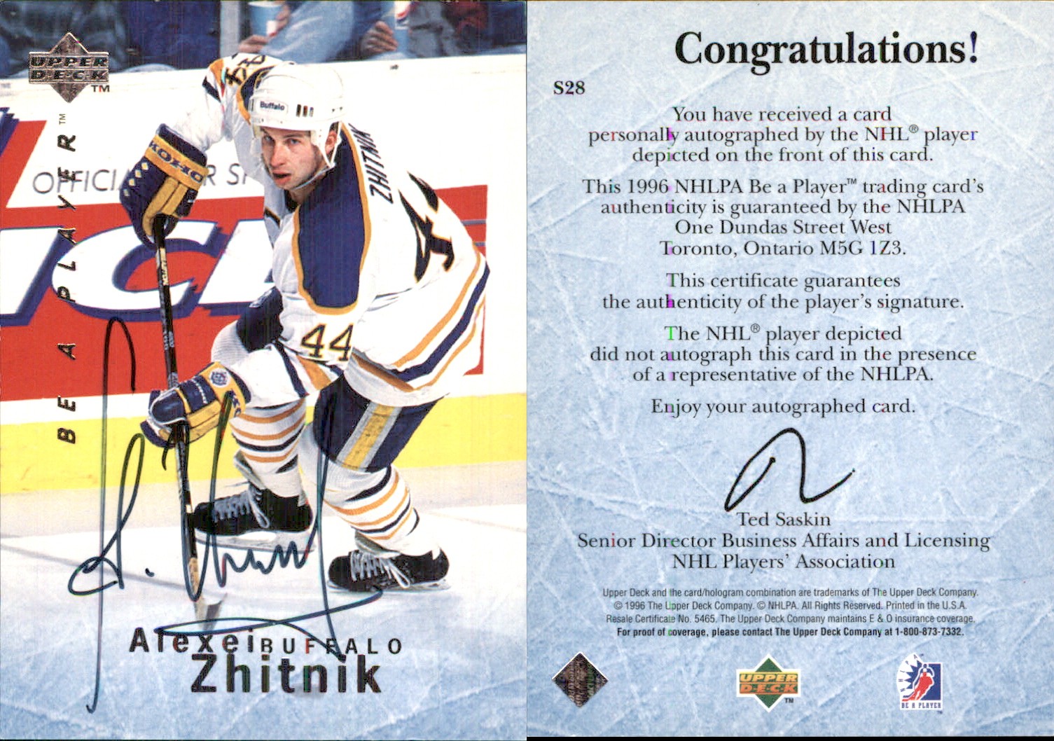Alexei Zhitnik Signed 1995-96 Upper Deck Be a Player #S28  Buffalo Sabres