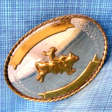 Rodeo Cowboy Bull Rider Belt Buckle Western Nickel Silver Trophy Vtg .NOX698