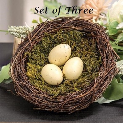 NEW Farmhouse BIRD NEST 3 PCS CREAM EGGS MOSS TWIGGY 2.5''H x5.5''D ea Primitive