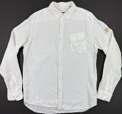 Belstaff England Mens Pitch Shirt Flax Linen Sz Large Button Up Phoenix Patch