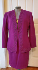 JOHN MEYER of Norwich 2PC Fushia Pink 100 Wool Skirt Suit Embroidered Beaded 14