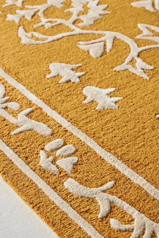 Gorgeous Hand-Tufted Wool & Silk Mustard Floral Traditional Area Rug For Bedroom - Image 3 of 3