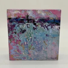 Original Impasto Callie Gray 4”x4” Oil Painting of Landscape on Wood Textured