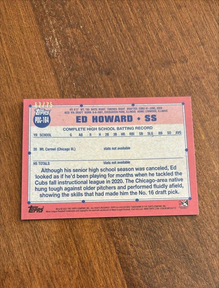 Ed Howard 2021 Topps Pro Debut Chrome Aqua Refractor PDC-164 Chicago Cubs /75 - Image 2 of 2