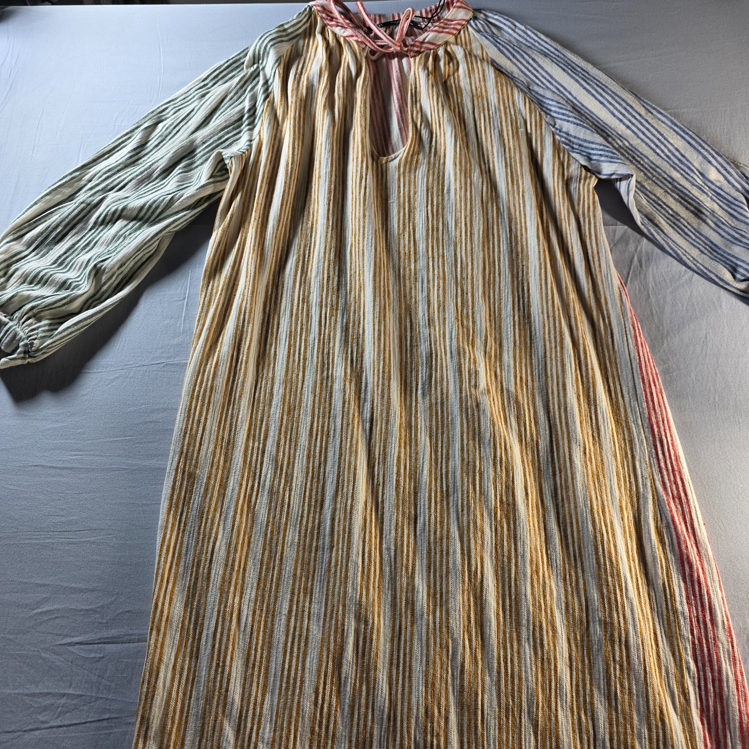 Zara Striped Colorblock Peasant Maxi Dress Linen Blend Balloon Sleeve Women M