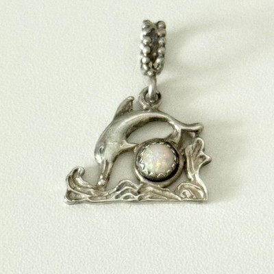 Vintage 925 Sterling Silver Fire Opal Swimming Dolphin Ocean Pendant