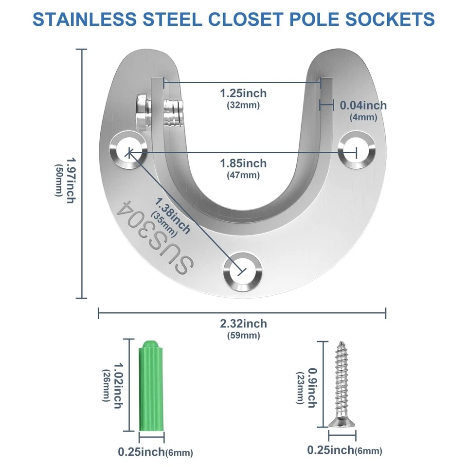 6 PIEZAS Soportes de varilla de armario Soporte de varilla de armario de 1-1/4 pulgadas Cortina de acero inoxidable Foto 2 de 4
