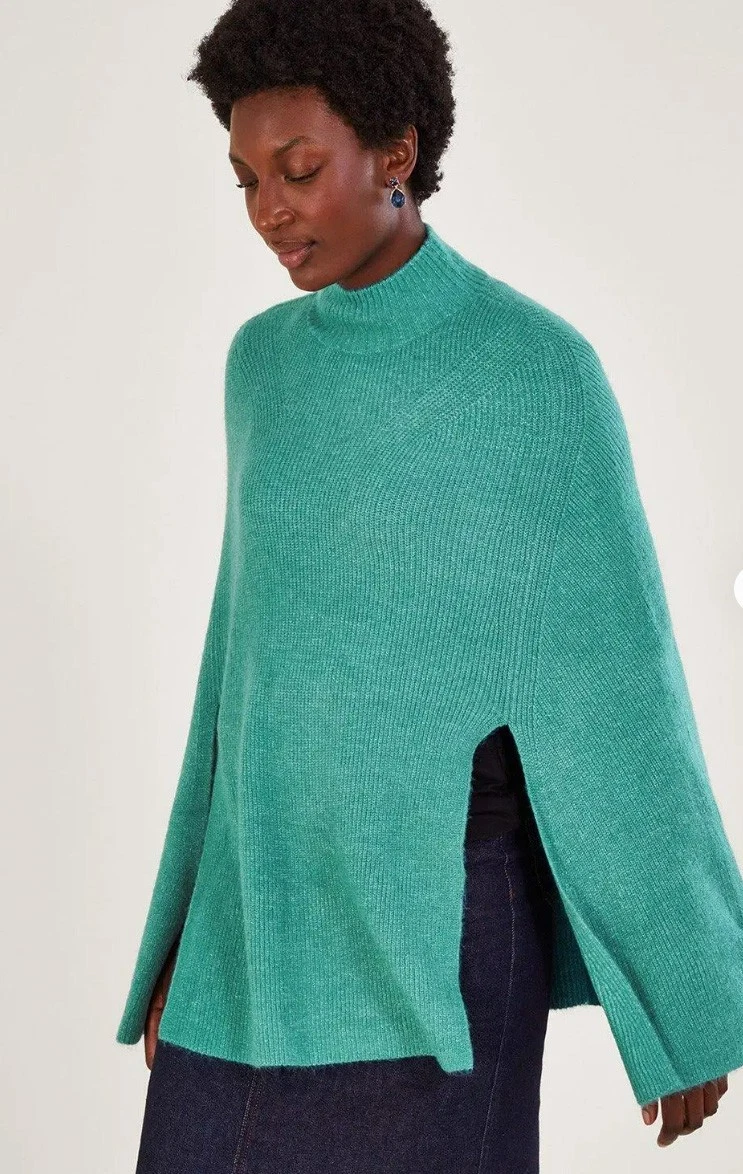 Monsoon Poncho Womens One Size Teal Ribbed Knit Mock Neck Classic Plain Cape