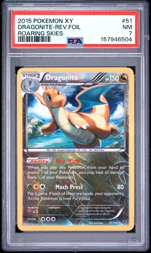 2015 POKEMON XY ROARING SKIES #51 DRAGONITE-REVERSE FOIL PSA 7