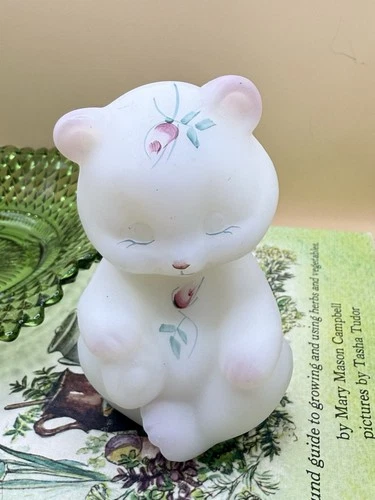 Fenton Hand Painted Glass Bear Figurine Floral Matte Signed Evelyn