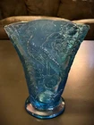 Fenton Blue Iridized Peacock Garden Fan Vase.