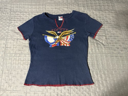 Vintage Tommy Girl Jeans T-Shirt Women M Navy Eagle USA Flag Baby Tee Y2K