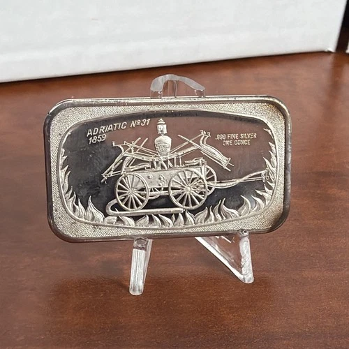 Vintage 1oz .999 Fine Silver Bar 1859 Adriatic Fire Wagon The Madison Mint 1970s