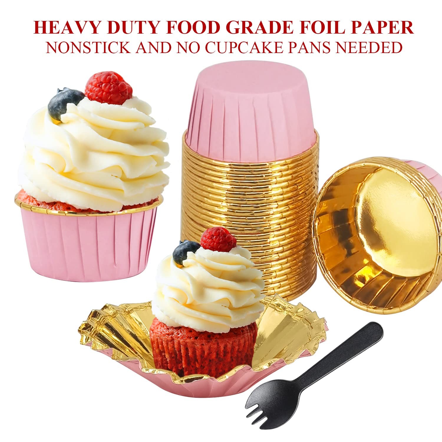 50 Foil Cupcake Liners with Clear Dome Lids, 5oz Large Capacity, Oven Safe