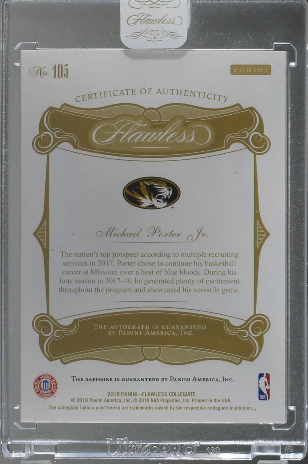 2018-19 Panini Flawless Collegiate - Michael Porter Jr. #105 for